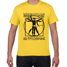 Cargar imagen en el visor de la galería, Funny Da Vinci guitar/drum T-Shirt Vitruvian Man rock band Vintage