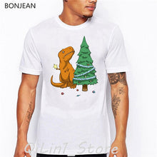 Lade das Bild in den Galerie-Viewer, Funny T-Rex Dinosaur and Christmas trees Tee shirt. 100% Cotton
